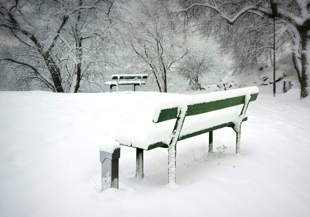 Power Pedestal next to bench covered in snow