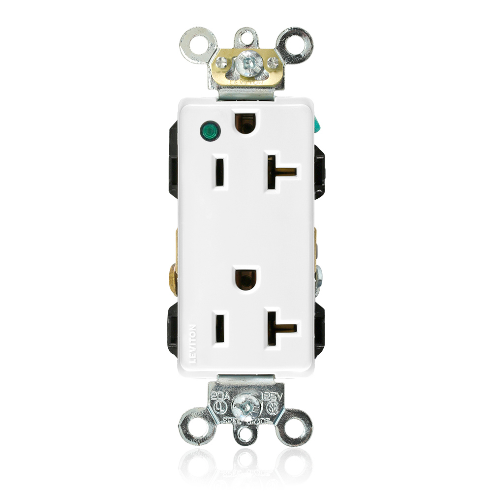 Product image for 20 Amp Decora Plus Duplex Receptacle/Outlet, Hospital Grade, Self-Grounding, Power Indication