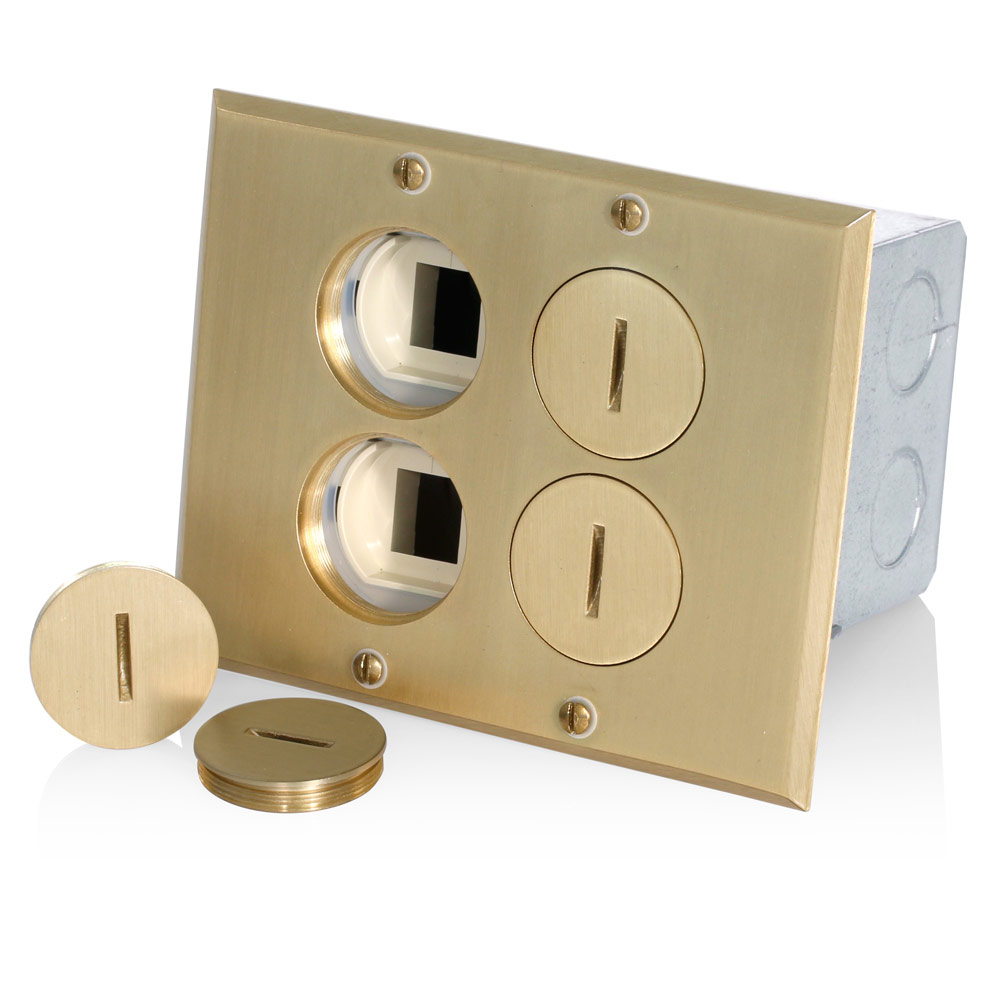 Product image for Floor Box Assembly with (1) 20 Amp Low Voltage Tamper-Resistant Outlet/Receptacle and (1) QuickPort Insert, Brass