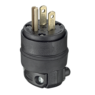 Product image for 15 Amp, 125 Volt, NEMA 5-15P, 2-Pole, 3-Wire Plug, Straight Blade, Rubber, Black