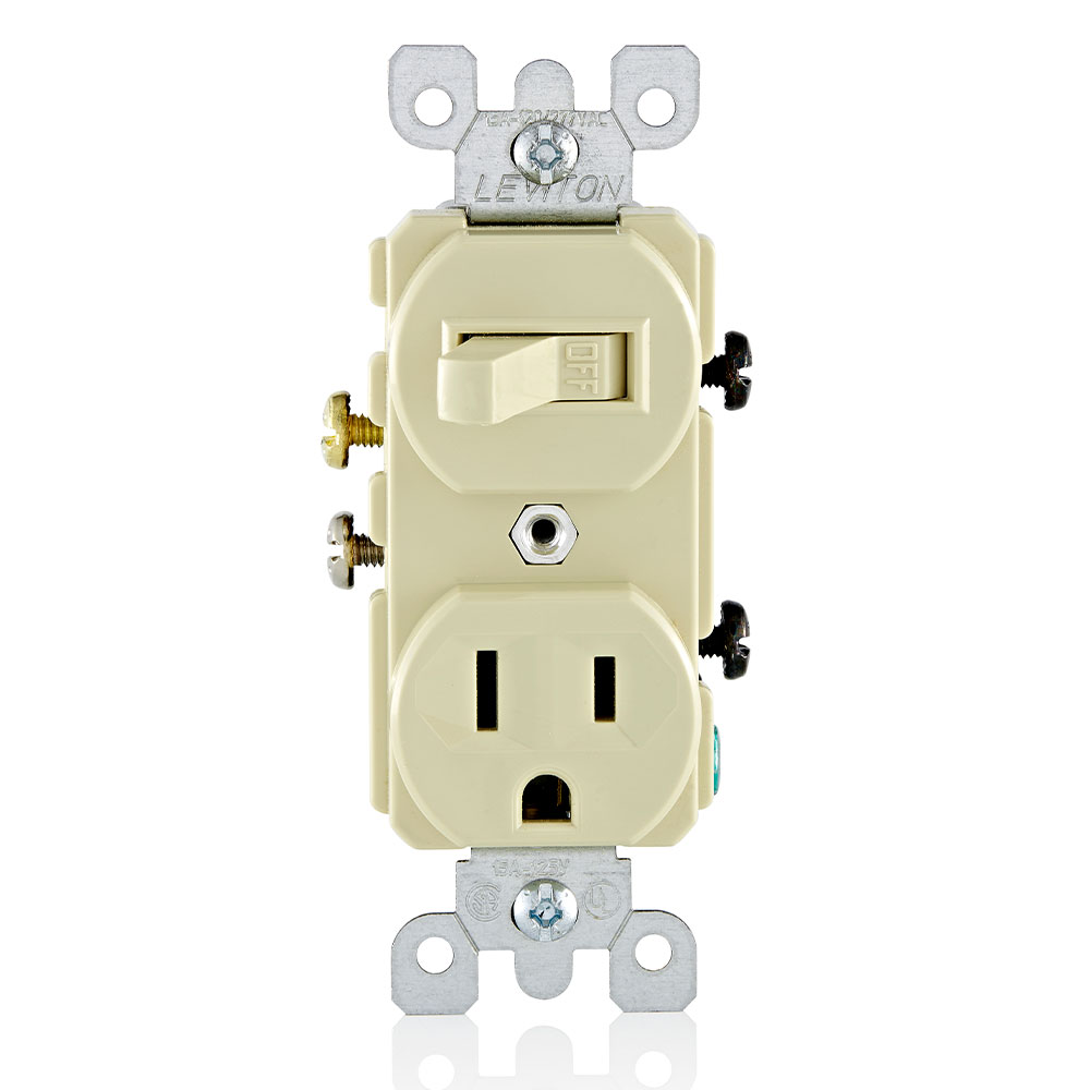 Product image for 15 Amp, 120 Volt, Duplex Style Single-Pole / 5-15R AC Combination Switch, Commercial Grade, Grounding, Side Wired, Light Almond