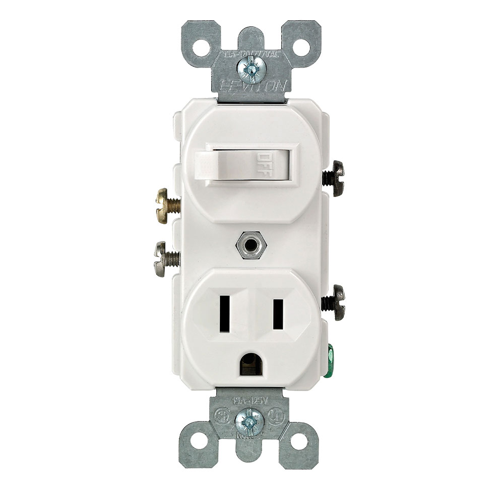 Product image for 15 Amp, 120 Volt, Duplex Style Single-Pole / 5-15R AC Combination Switch, Commercial Grade, Grounding, Side Wired, White