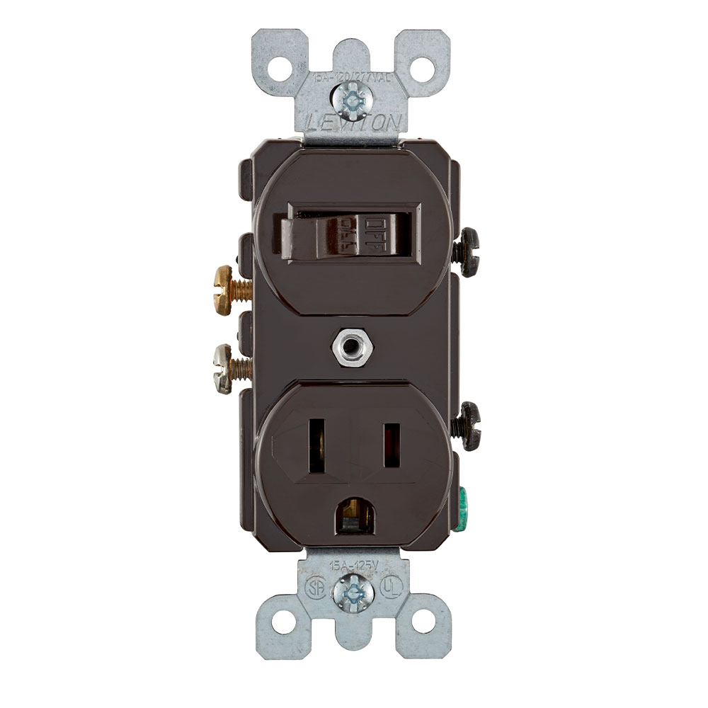 Product image for 15 Amp, 120 Volt, Duplex Style Single-Pole / 5-15R AC Combination Switch, Commercial Grade, Grounding, Side Wired, Brown