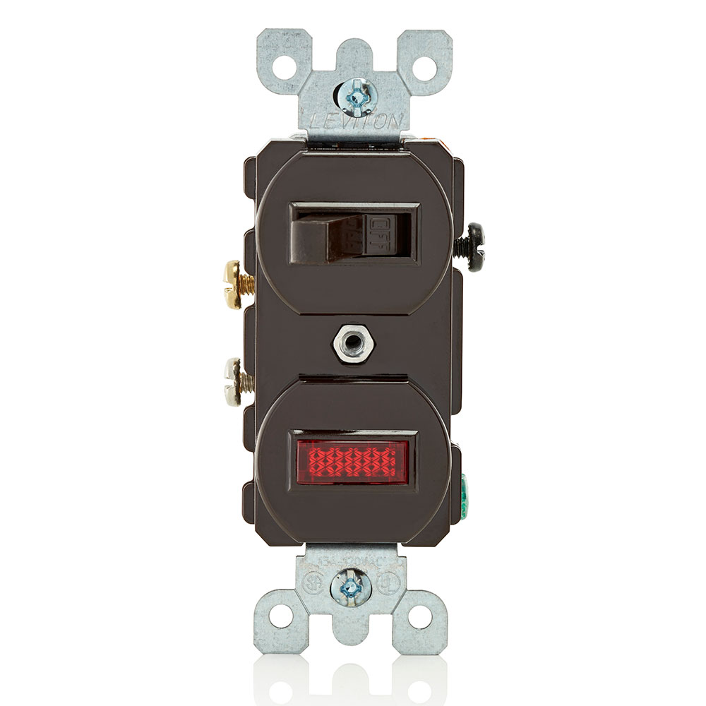 Product image for 15 Amp, 120 Volt, Duplex Style Single-Pole / Neon Pilot AC Combination Switch, Commercial Grade, Non-Grounding, Side Wired , Brown