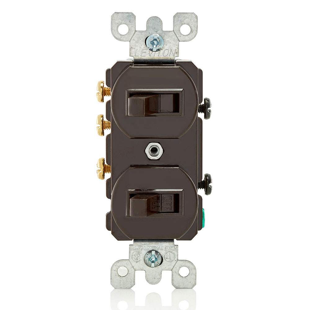 Product image for 15 Amp, 120/277 Volt, Duplex Style Single-Pole / 3-Way AC Combination Switch, Residential/Commercial Specification Grade, Non-Grounding, Side Wired, Brown