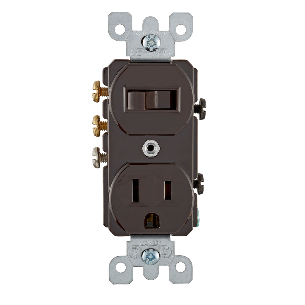 Product image for 15 Amp, 120 Volt, Duplex Style 3-Way / 5-15R AC Combination Switch, Commercial Grade, Grounding, Side Wired, Brown