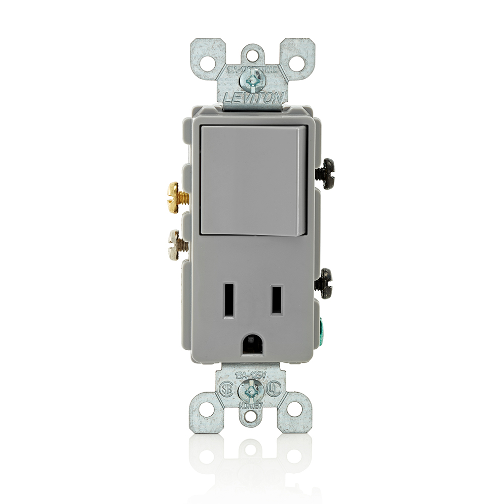 Product image for 15 Amp Decora Single-Pole Switch, Outlet/Receptacle, Combination Device, Grounding, Gray