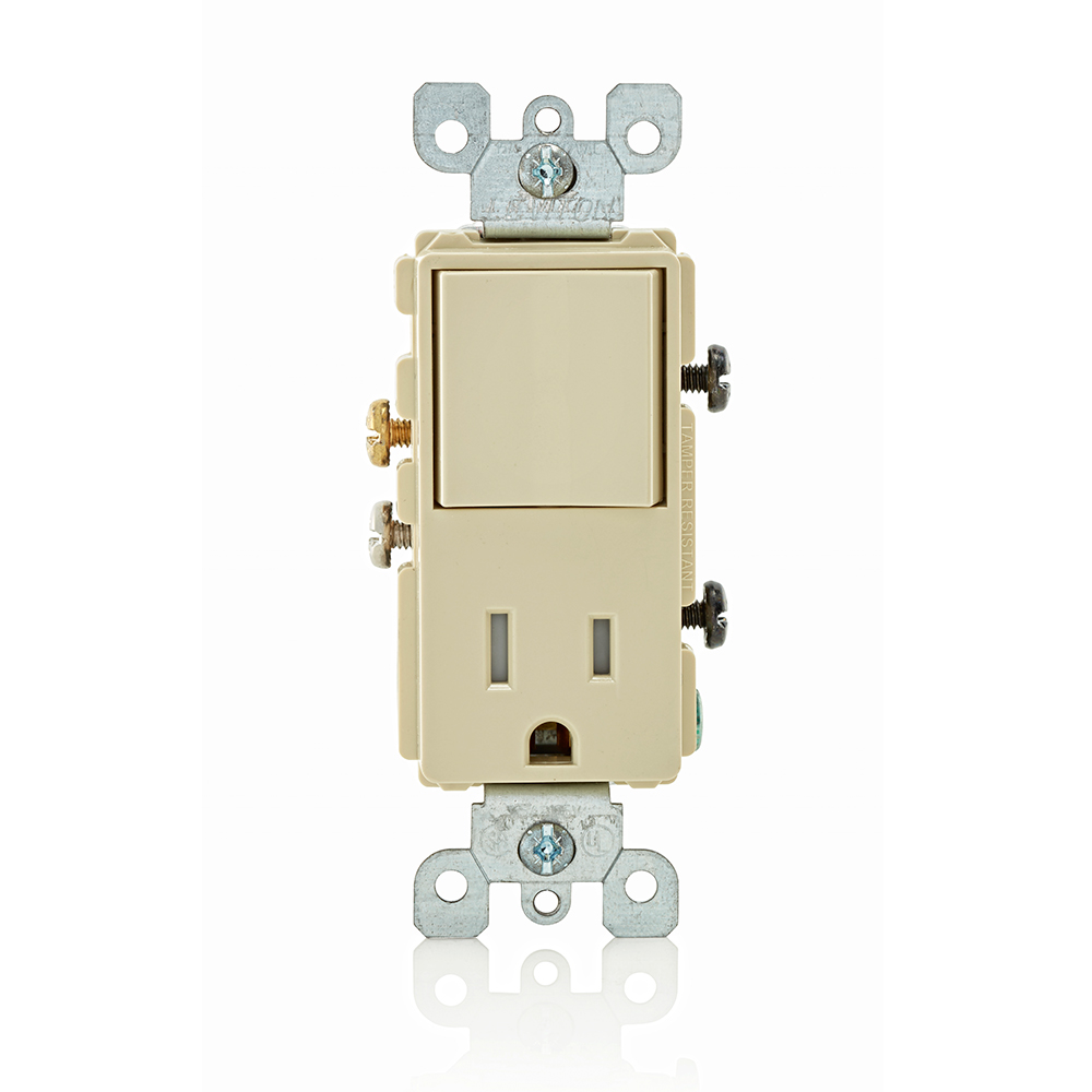 Product image for 15 Amp Decora Single-Pole Switch, Outlet/Receptacle, Combination Device, Grounding, Ivory