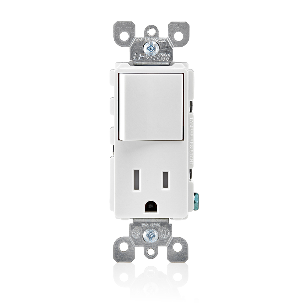Product image for 15 Amp Decora Single-Pole Switch, Outlet/Receptacle, Combination Device, Grounding, White