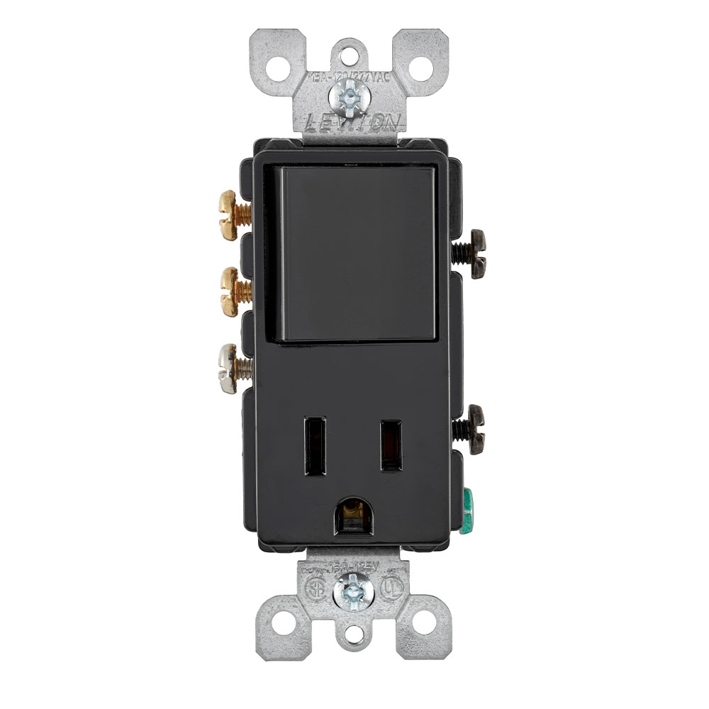 Product image for 15 Amp Decora 3-Way Switch / 5-15R Outlet/Receptacle Combination Device, Grounding, Black