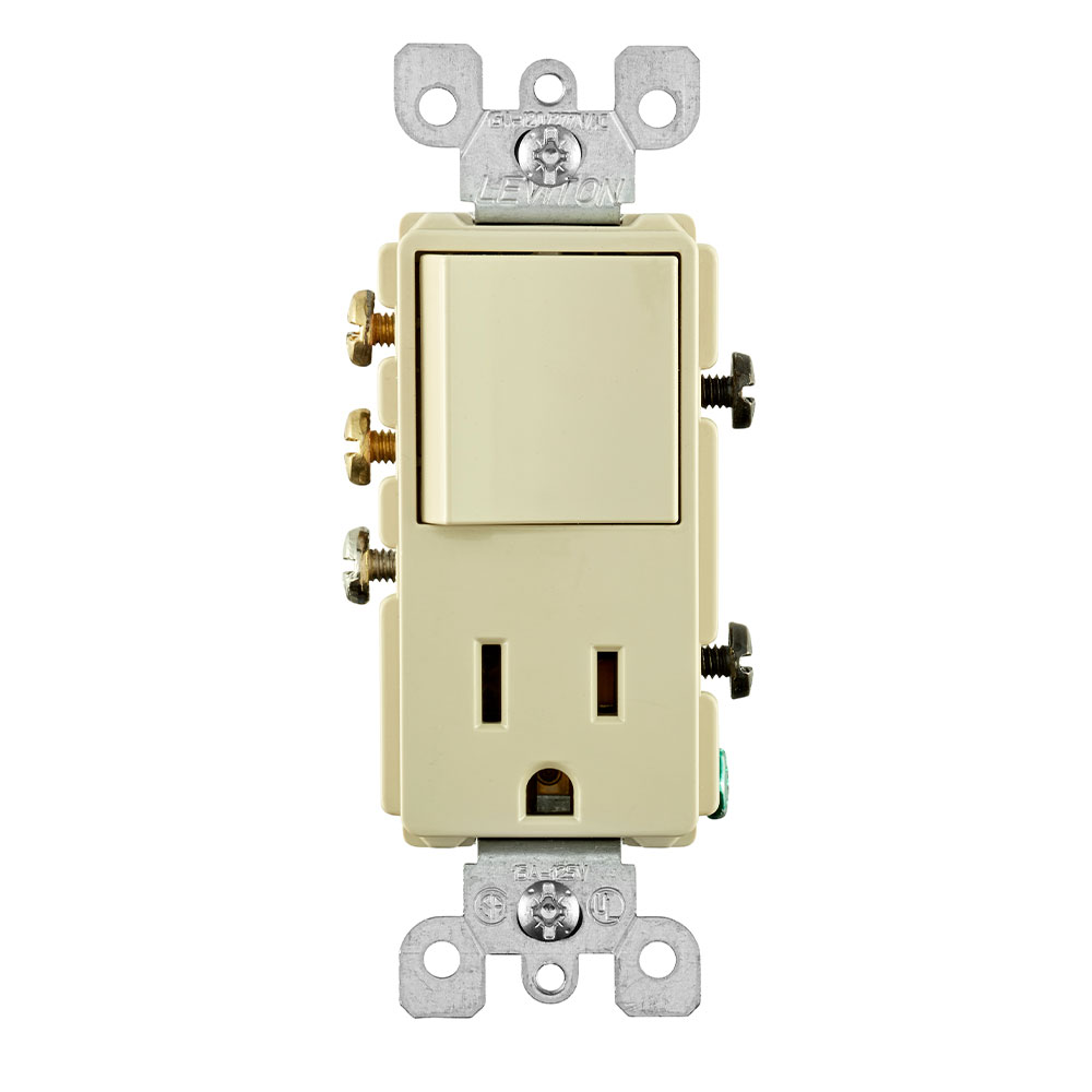 Product image for 15 Amp Decora 3-Way Switch / 5-15R Outlet/Receptacle Combination Device, Grounding, Ivory