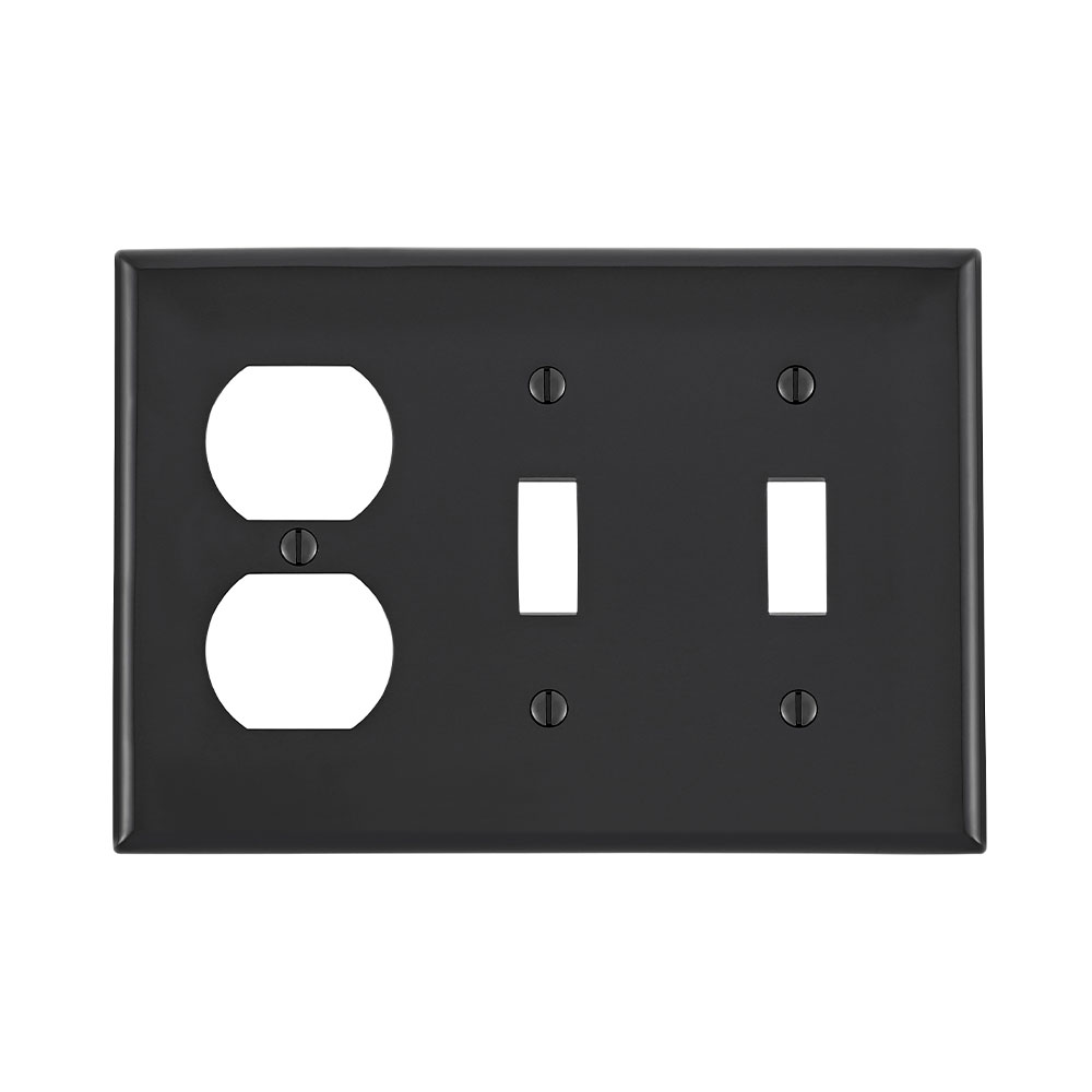 Product image for 3-Gang Combination Wallplate, 2-Toggle and 1-Duplex Outlet/Receptacle, Standard Size, Thermoplastic Nylon, Black