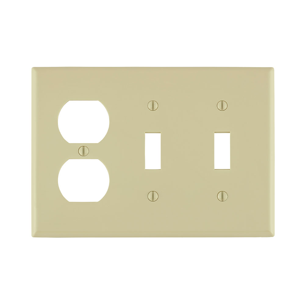 Product image for 3-Gang Combination Wallplate, 2-Toggle and 1-Duplex Outlet/Receptacle, Standard Size, Thermoplastic Nylon, Ivory
