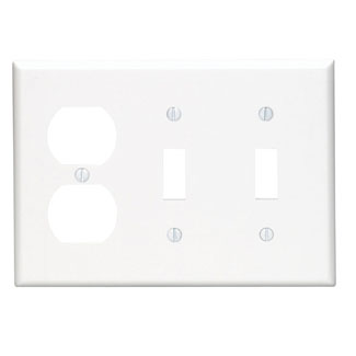 Product image for 3-Gang Combination Wallplate, 2-Toggle and 1-Duplex Outlet/Receptacle, Standard Size, Thermoplastic Nylon, White