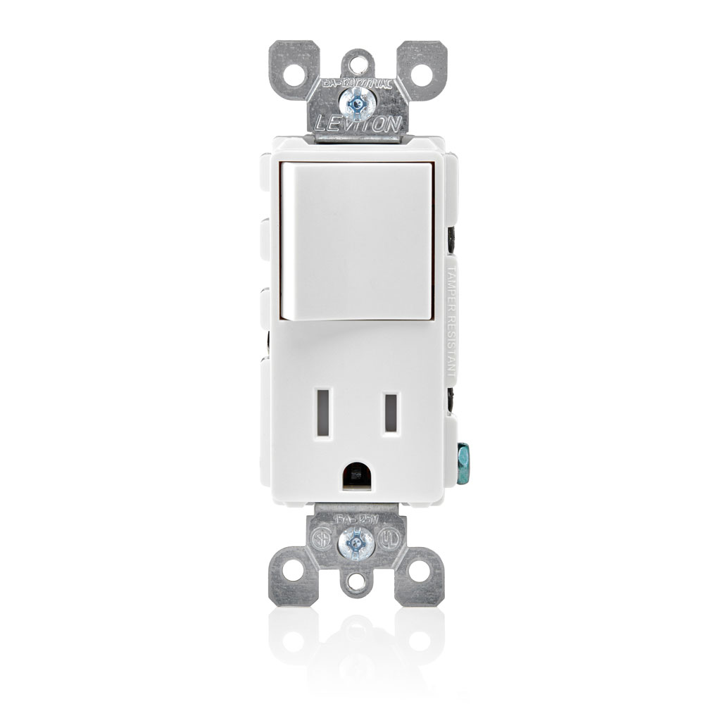 Product image for 15 Amp Decora Single-Pole Switch / Tamper-Resistant Outlet/Receptacle Combination Device, Grounding, White