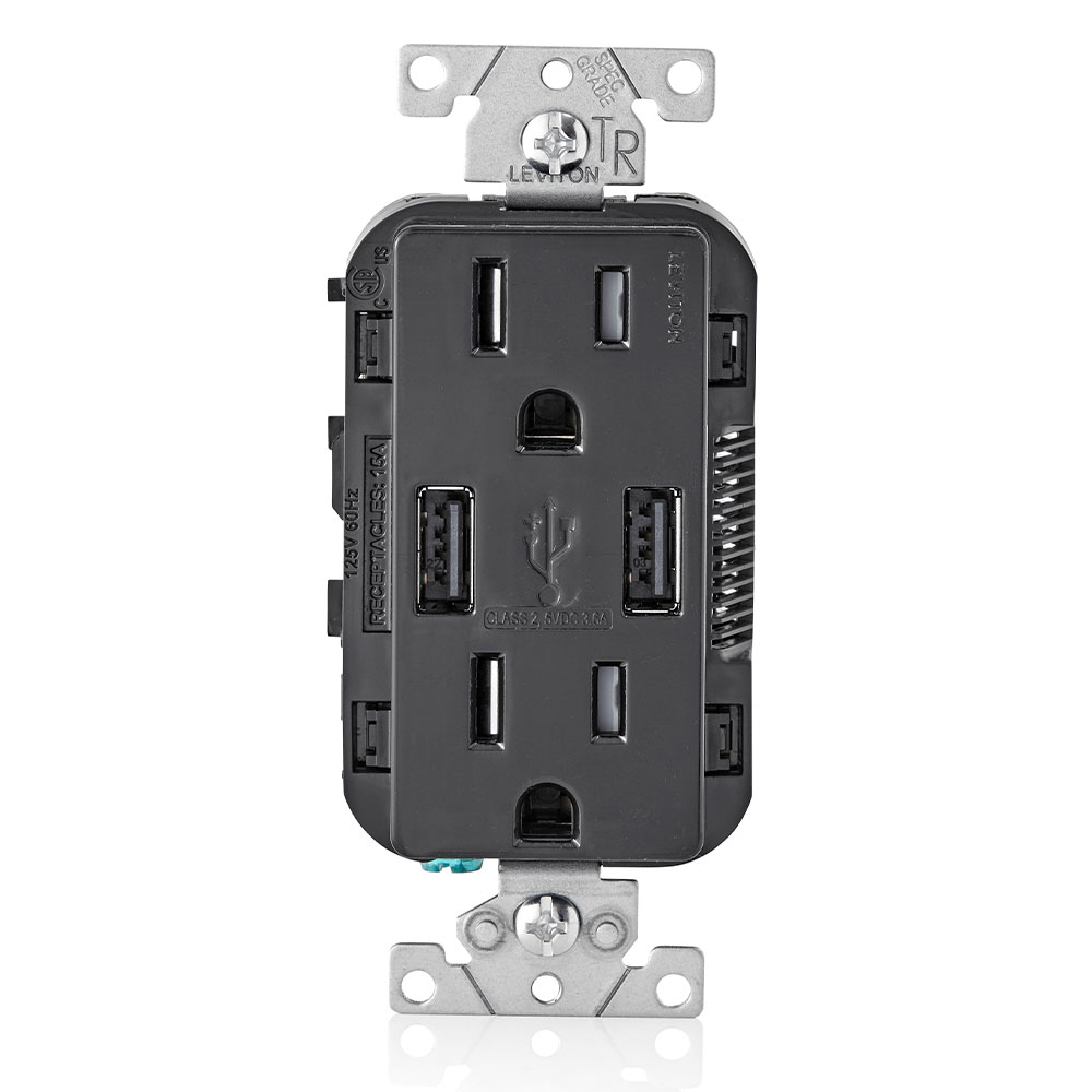 Product image for 3.6A USB Type-A/Type-A Wall Outlet Charger with 15A Tamper-Resistant Receptacles