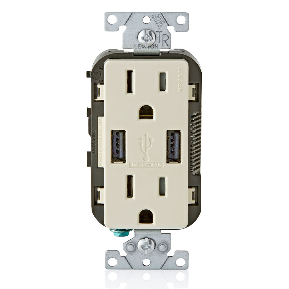 Product image for 3.6A USB Type-A/Type-A Wall Outlet Charger with 15A Tamper-Resistant Receptacles