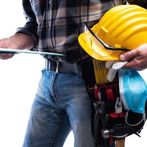 Close up view of contractor holding his gear and clipboard Close up view of contractor holding his gear and clipboard