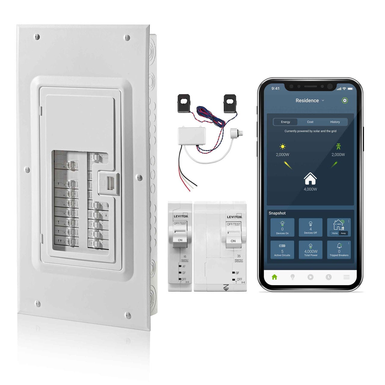 Smart Breakers, panel, LWHEM, and My Leviton Load Center App Screen