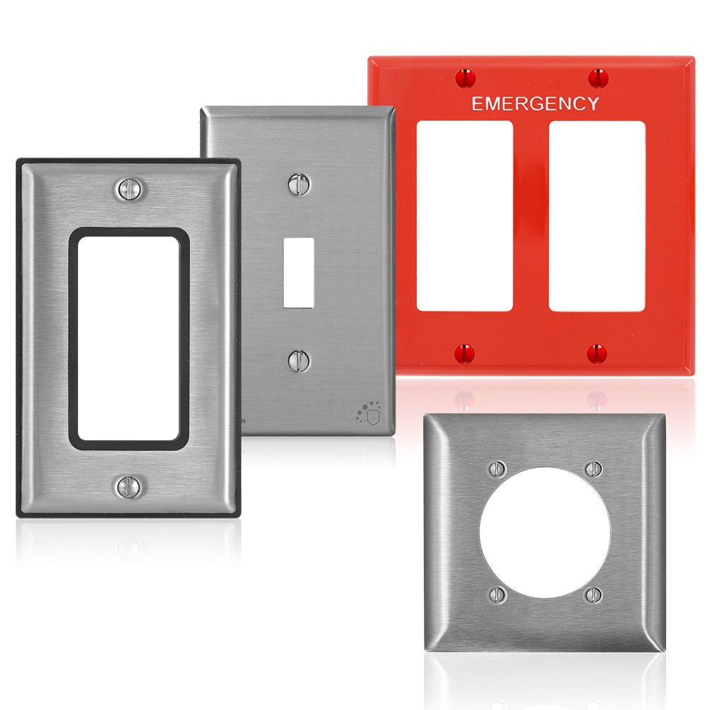 Commercial Wallplates Grouping including Gasketed, Antimicrobial, Emergency 2-gang, and Stainless Steel Single Outlet