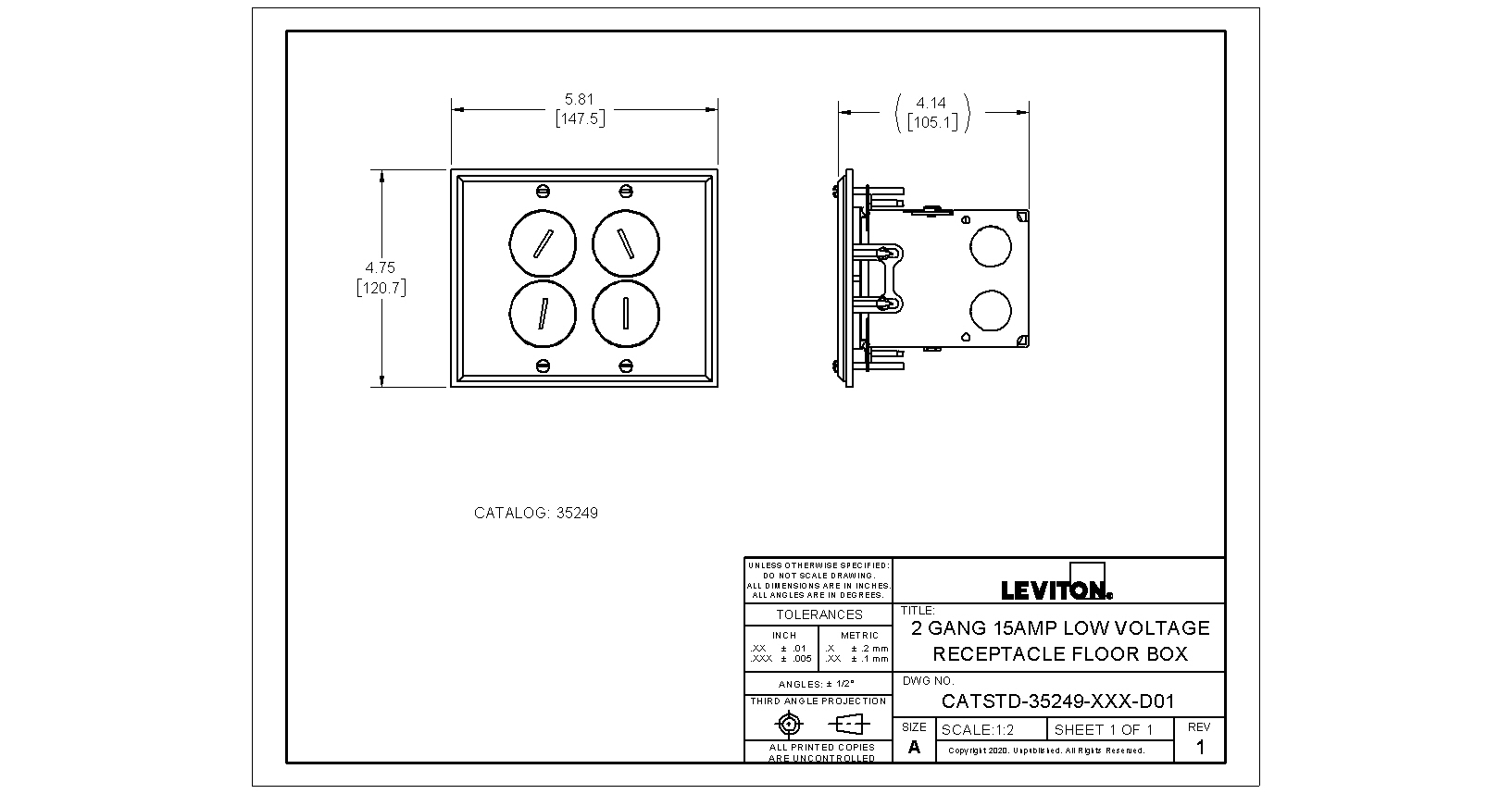 Leviton 35249-TFB 2-Gang Duplex Floor Box Assembly – Tamper-Resistant, Brass Finish, 15A 125V