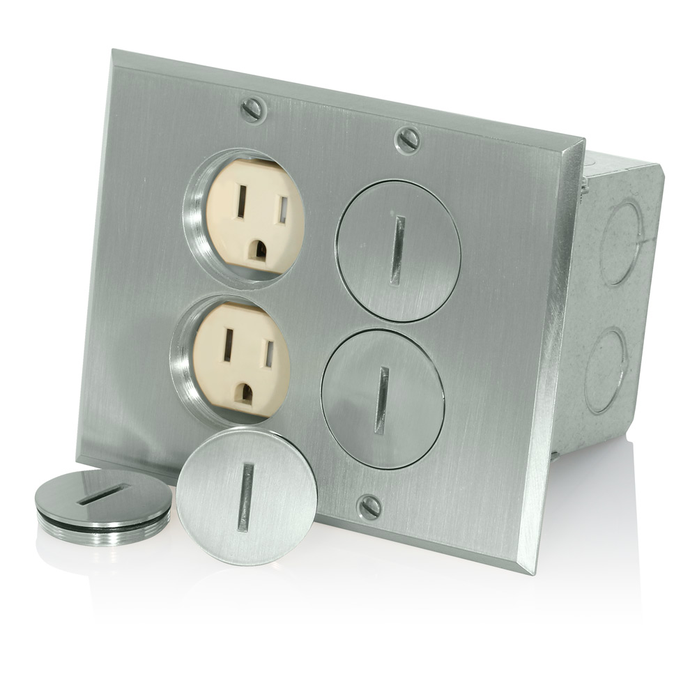 Product image for Floor Box Assembly with (2) 15 Amp Tamper-Resistant Outlet/Receptacle, Nickel