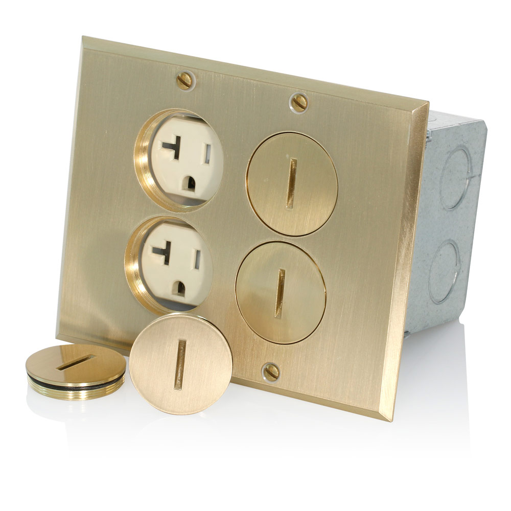 Product image for Floor Box Assembly with (2) 20 Amp Tamper-Resistant Outlet/Receptacle, Brass