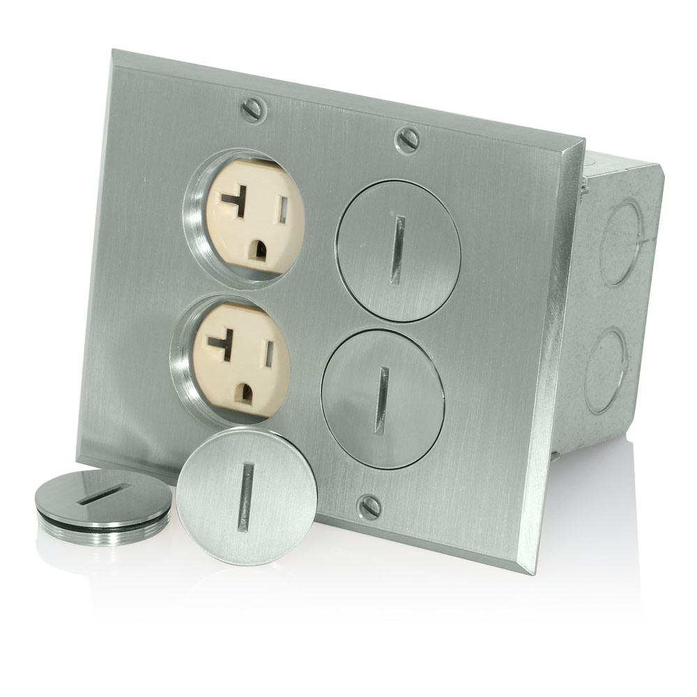 Product image for Floor Box Assembly with (2) 20 Amp Tamper-Resistant Outlet/Receptacle, Nickel