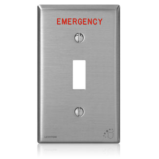 Product image for 1-Gang Toggle Switch Wallplate, Standard Size, Antimicrobial Treated Powder Coated Stainless Steel, Red Lettering