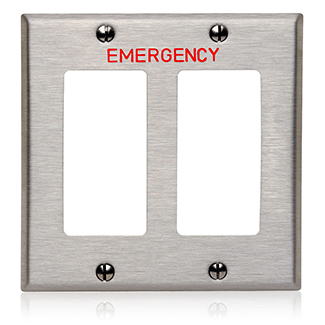 Product image for 2-Gang Decora Wallplate, Standard Size, Non-Magnetic Stainless Steel, Device Mount, Engraved Emergency Red Lettering