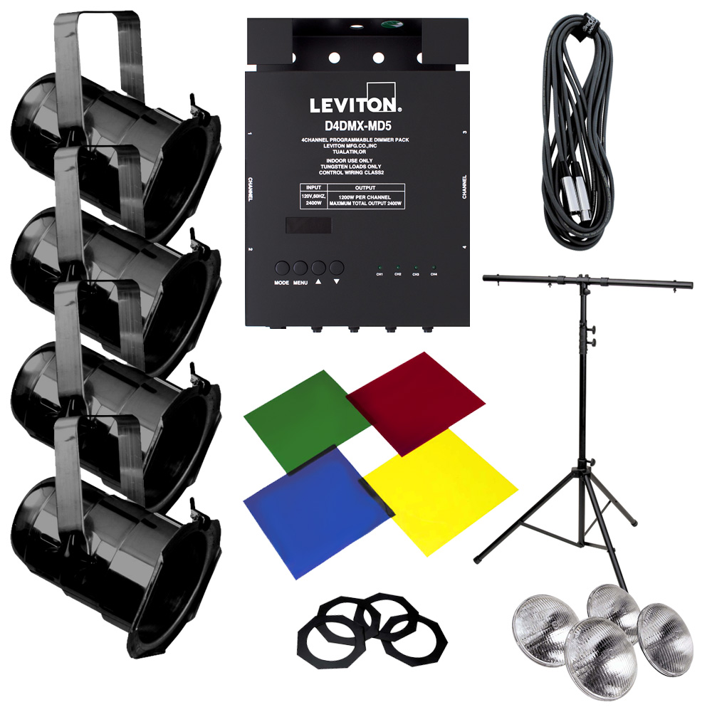 Product image for Lighting System in a Box, (1) D4DMX Dimmer Pack, (1) 25FT DMX Cable, (1) Compact Stand, (1) Gel kit, (4) PAR 38 Black Fixtures, and (4) MFL Lamps.