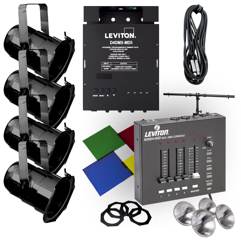 Product image for Lighting System in a Box, (1) D4DMX Dimmer Pack, (1) 25FT DMX Cable, (1) Compact Stand, (1) Gel kit, (1) 3004 Console, (4) PAR 38 Black Fixtures, and (4) MFL Lamps.