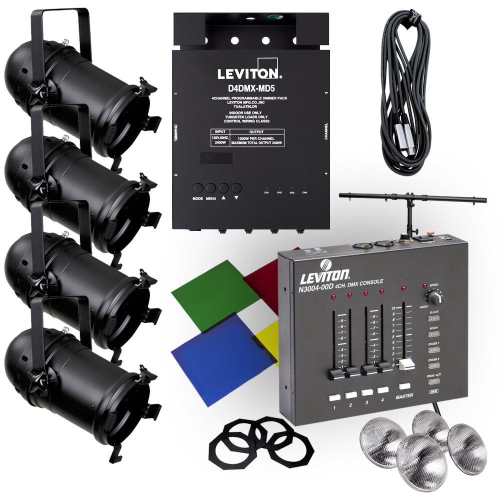 Product image for Lighting System in a Box, (1) D4DMX Dimmer Pack, (1) 25FT DMX Cable, (1) Compact Stand, (1) Gel kit, (1) 3004 Console, (4) PAR 56 Black Fixtures, and (4) MFL Lamps.