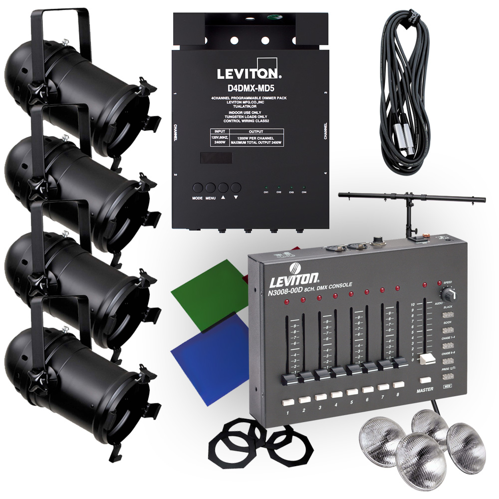 Product image for Lighting System in a Box, (1) D4DMX Dimmer Pack, (1) 25FT DMX Cable, (1) Compact Stand, (1) Gel kit, (1) 3008 Console, (4) PAR 56 Black Fixtures, and (4) MFL Lamps.