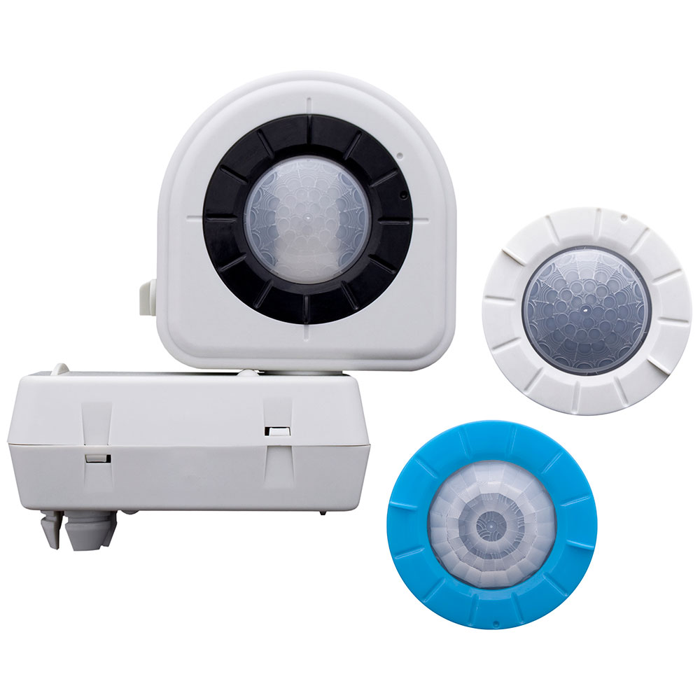 Product image for Occupancy Sensor, Fixture Mount, PIR, High Bay, 2 Interchangeable Lenses and Aisle Mask, Cold Storage Model, with Offset Adapter, White
