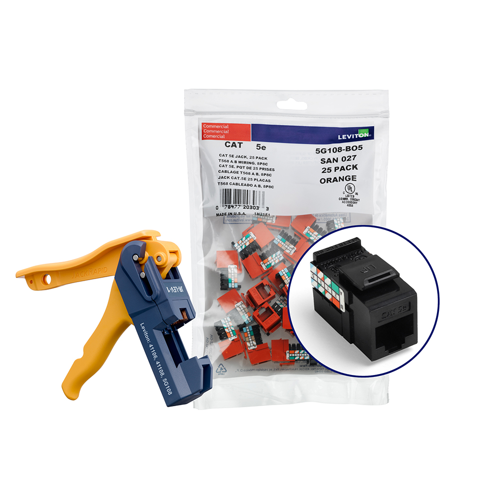 Product image for 150 GIGAMAX™ Cat 5e QUICKPORT™ Jacks, Bulk QUICKPACK™, Black, Kitted with JackRapid™ Tool