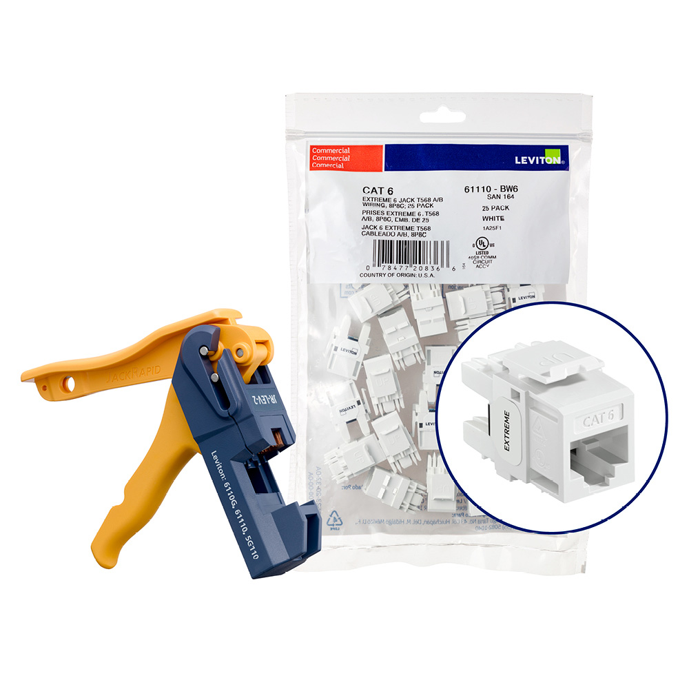 Product image for 150 EXTREME™ Cat 6 QUICKPORT™ Jacks, Bulk QUICKPACK™, White, Kitted with JackRapid™ Tool