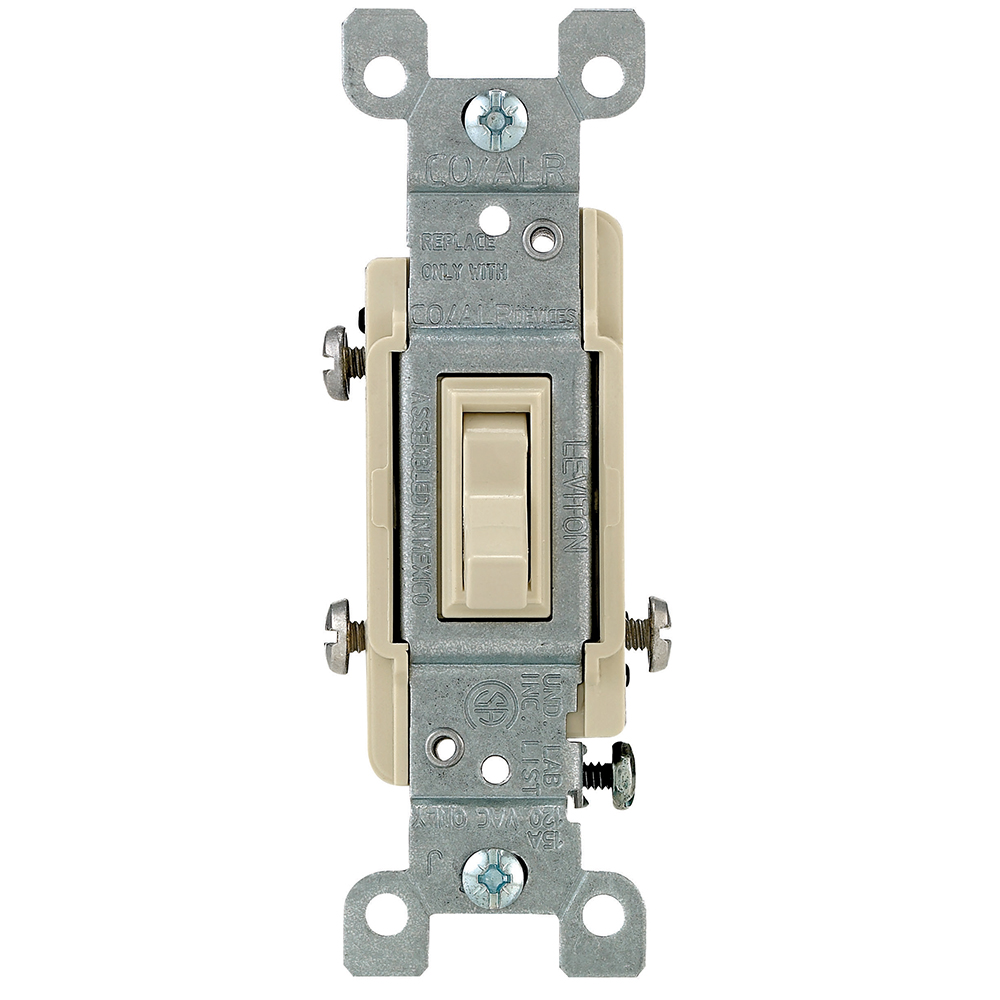 Product image for 15 Amp 3-Way Toggle CO/ALR Switch, Grounding, Ivory