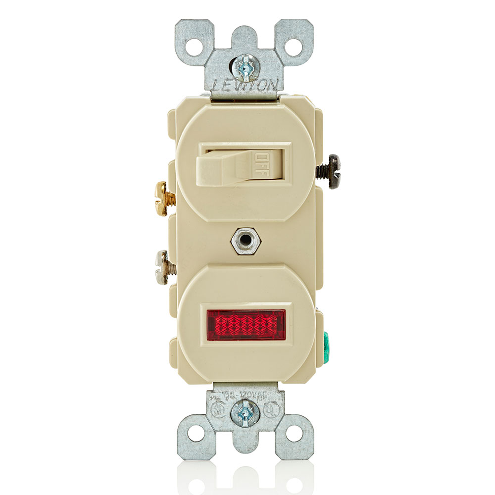 Product image for 15 Amp, 120 Volt, Duplex Style Single-Pole / Neon Pilot AC Combination Switch, Commercial Grade, Non-Grounding, Side Wired , Ivory