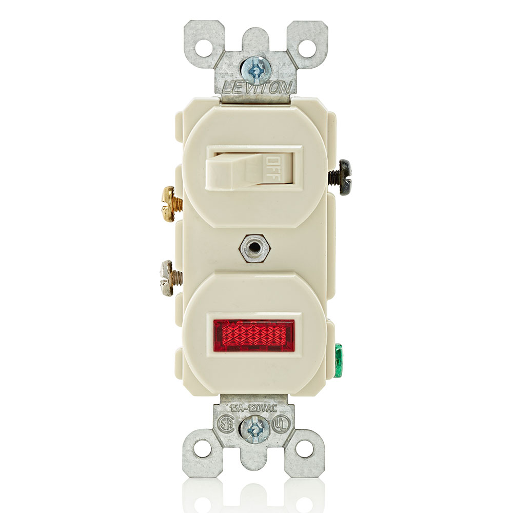 Product image for 15 Amp, 120 Volt, Duplex Style Single-Pole / Neon Pilot AC Combination Switch, Commercial Grade, Non-Grounding, Side Wired , Light Almond
