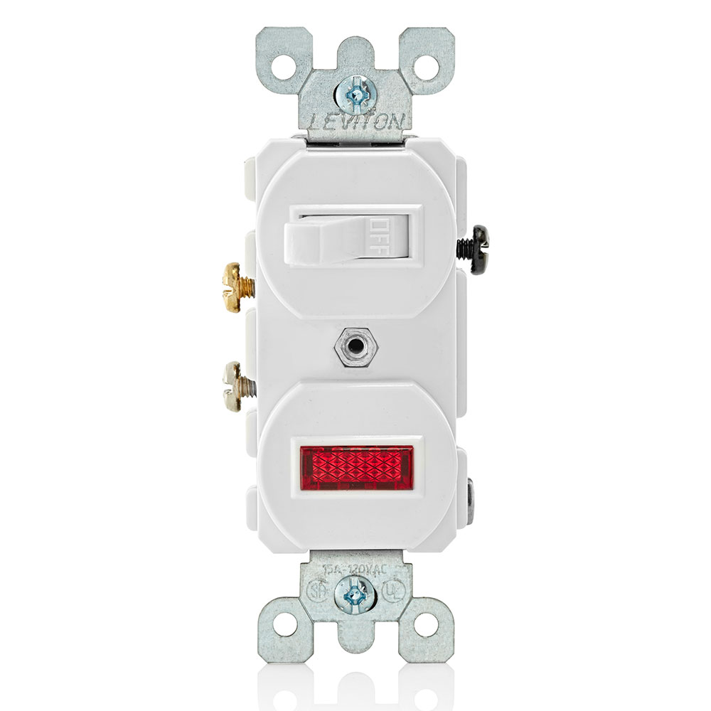 Product image for 15 Amp, 120 Volt, Duplex Style Single-Pole / Neon Pilot AC Combination Switch, Commercial Grade, Non-Grounding, Side Wired , White
