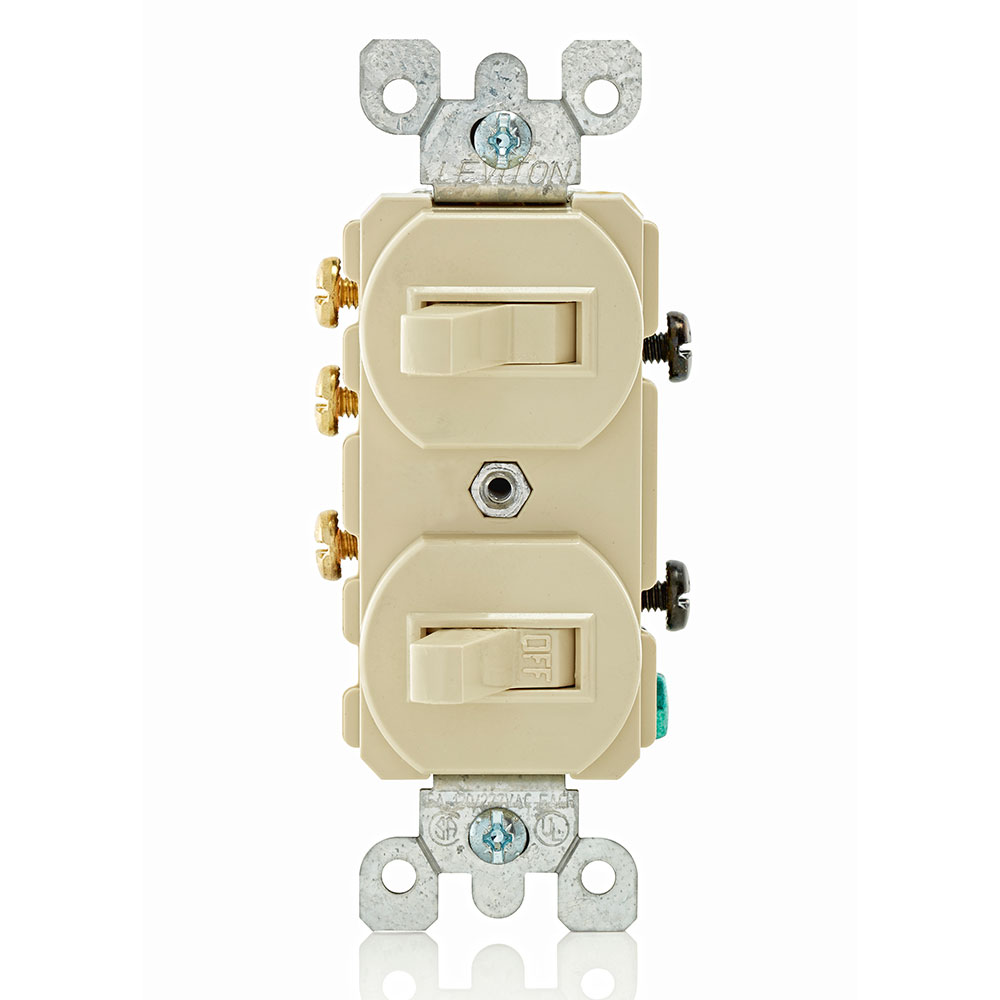 Product image for 15 Amp, 120/277 Volt, Duplex Style Single-Pole / 3-Way AC Combination Switch, Residential/Commercial Specification Grade, Non-Grounding, Side Wired, Ivory