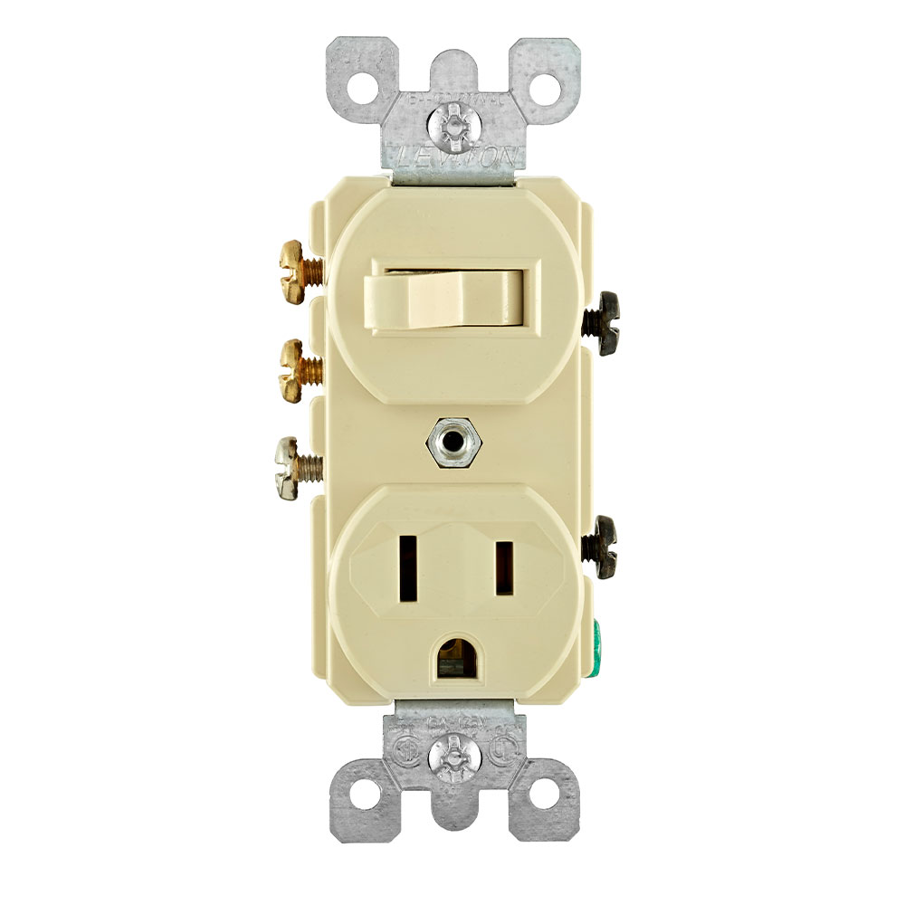 Product image for 15 Amp, 120 Volt, Duplex Style 3-Way / 5-15R AC Combination Switch, Commercial Grade, Grounding, Side Wired, Ivory