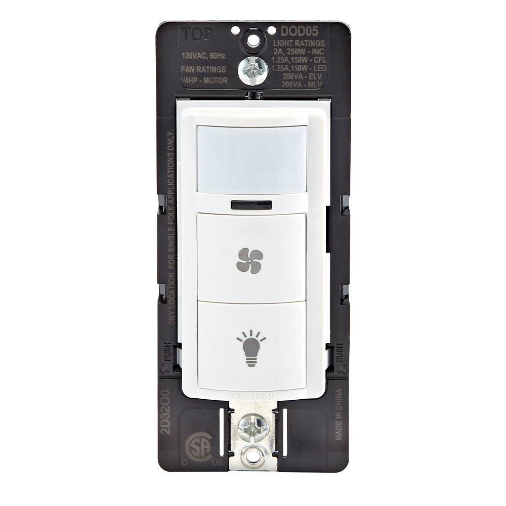 Product image for Decora In-Wall Combination Occupancy Sensor with Fan Switch, 1/4 HP, Residential Grade, Single Pole/Single Pole
