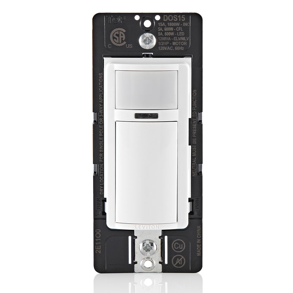 Product image for Decora Occupancy Motion Sensor Light Switch, Auto-On or Manual-On, 15A, Residential Grade, Single Pole, Multi-Way or Multi-Sensor