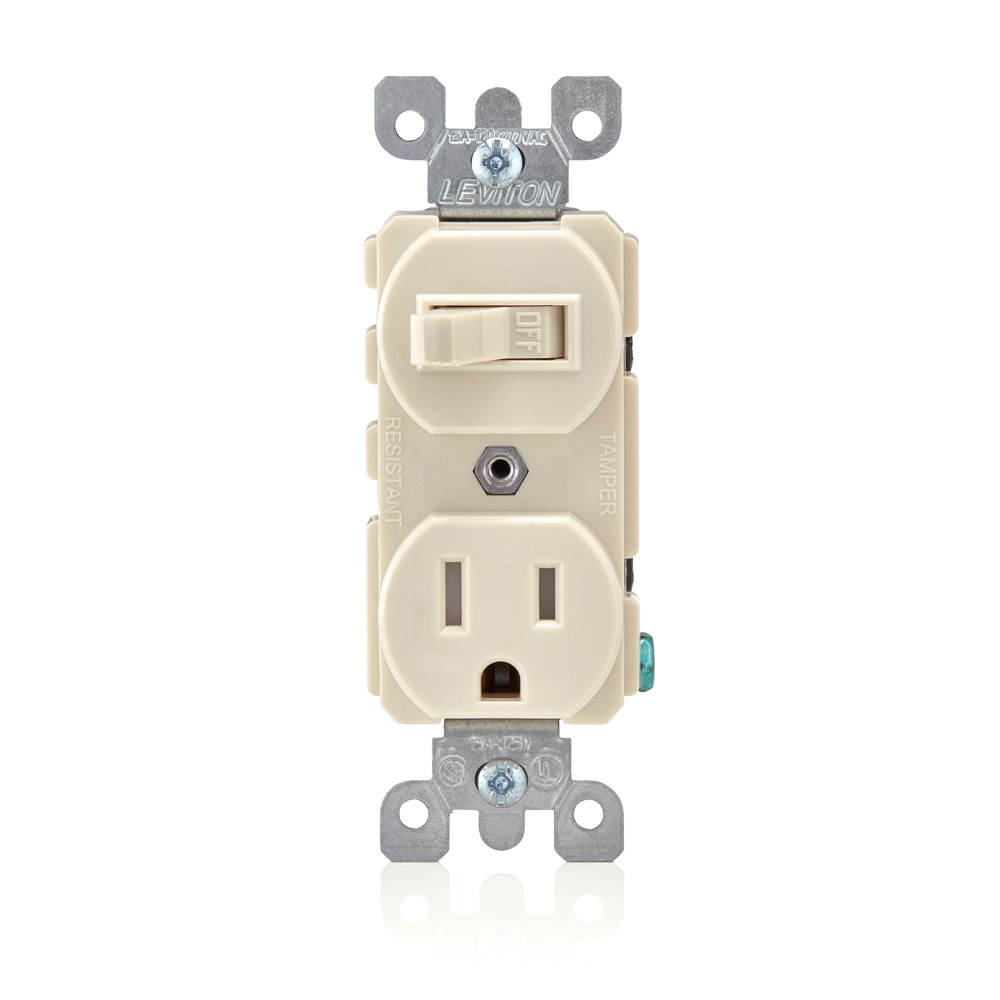 Product image for 15 Amp Tamper-Resistant Outlet/Receptacle / Single-Pole Switch Combination Device, Grounding, Light Almond