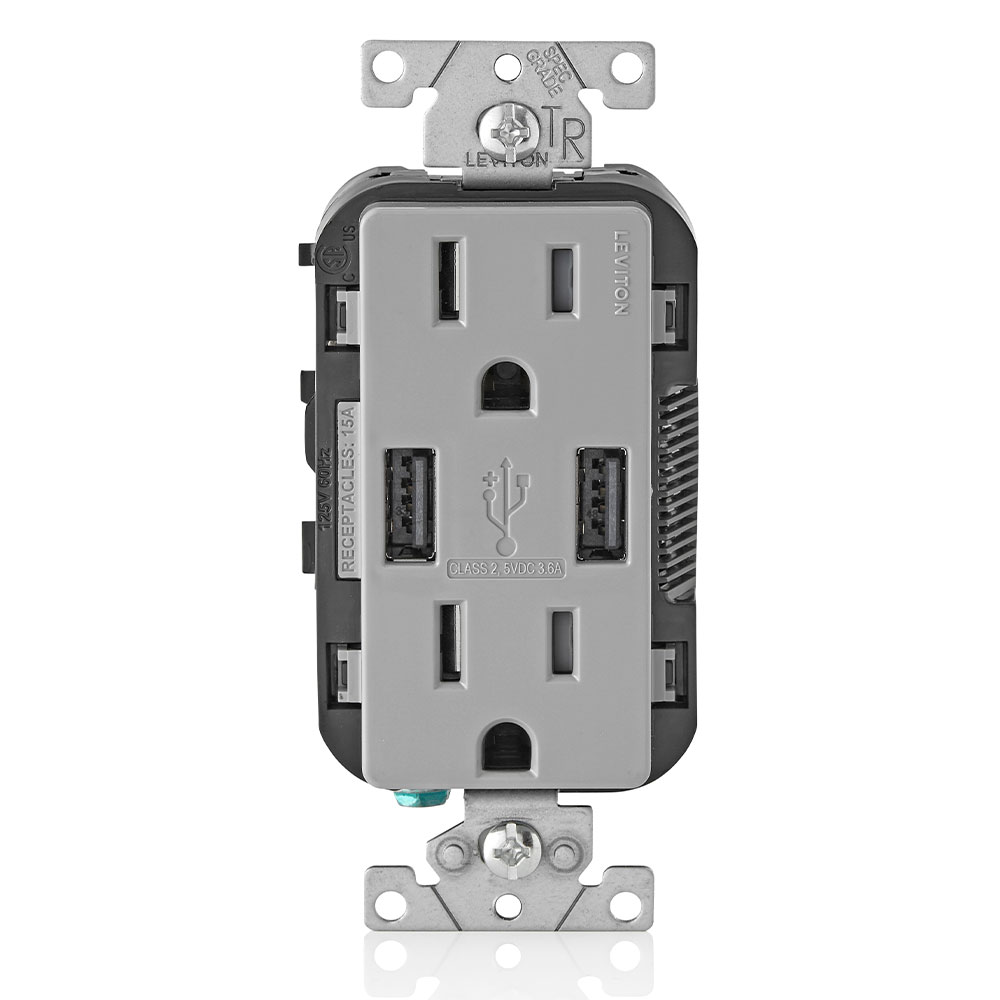 Product image for 3.6A USB Type-A/Type-A Wall Outlet Charger with 15A Tamper-Resistant Receptacles