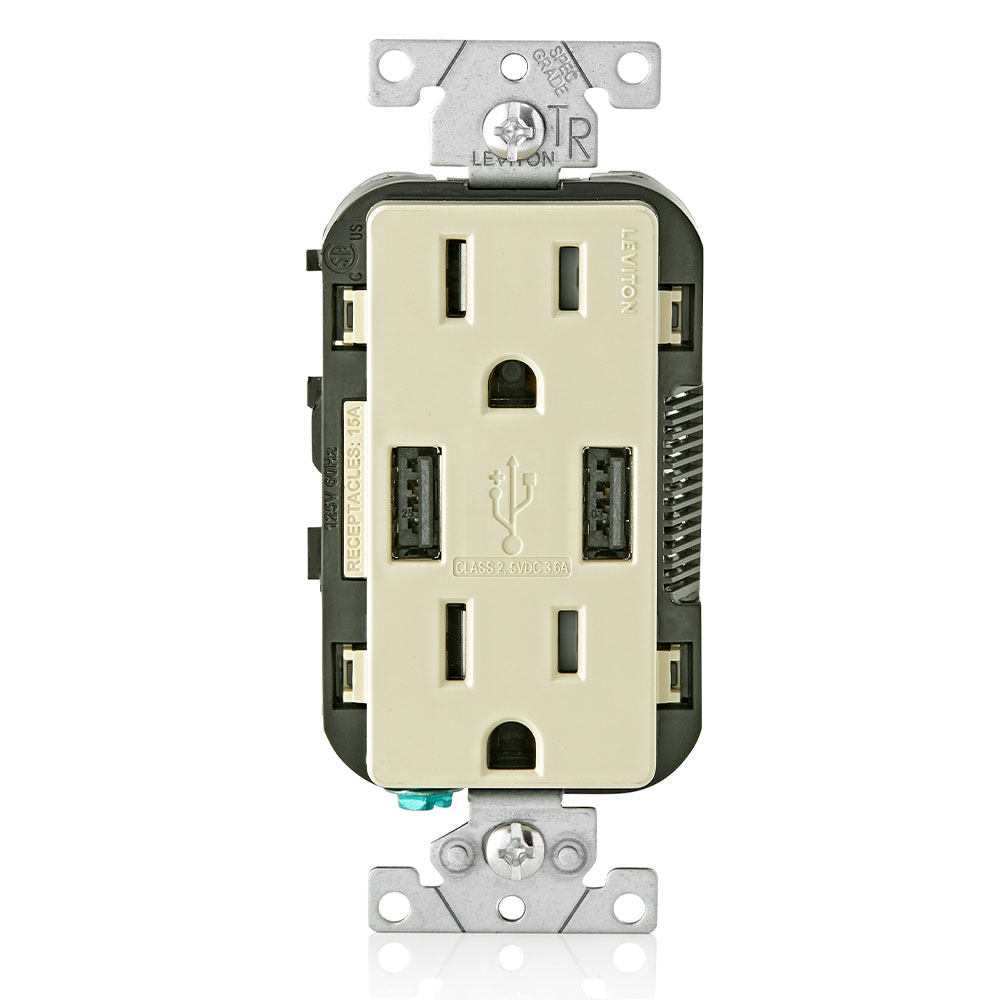 Product image for 3.6A USB Type-A/Type-A Wall Outlet Charger with 15A Tamper-Resistant Receptacles