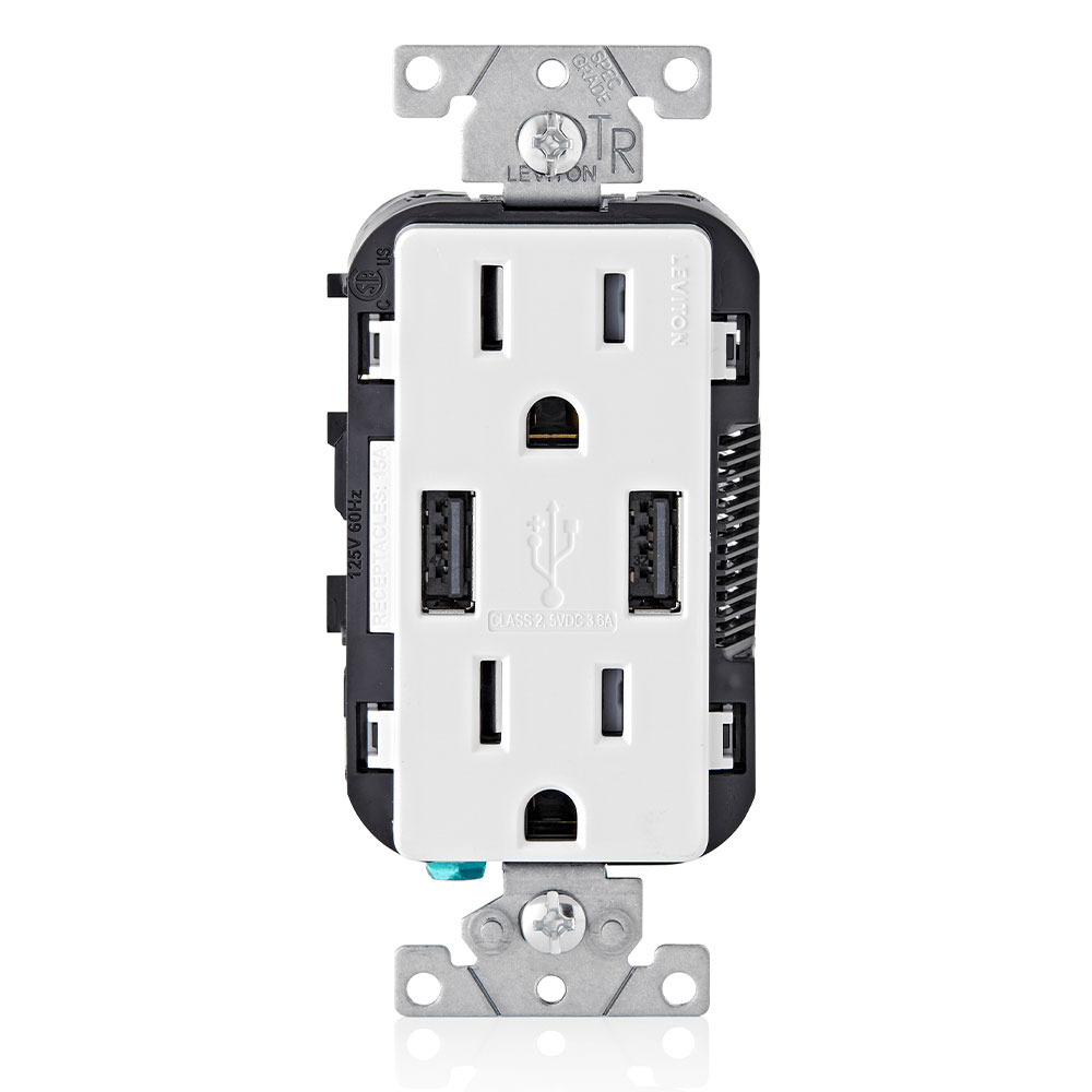 Product image for 3.6A USB Type-A/Type-A Wall Outlet Charger with 15A Tamper-Resistant Receptacles