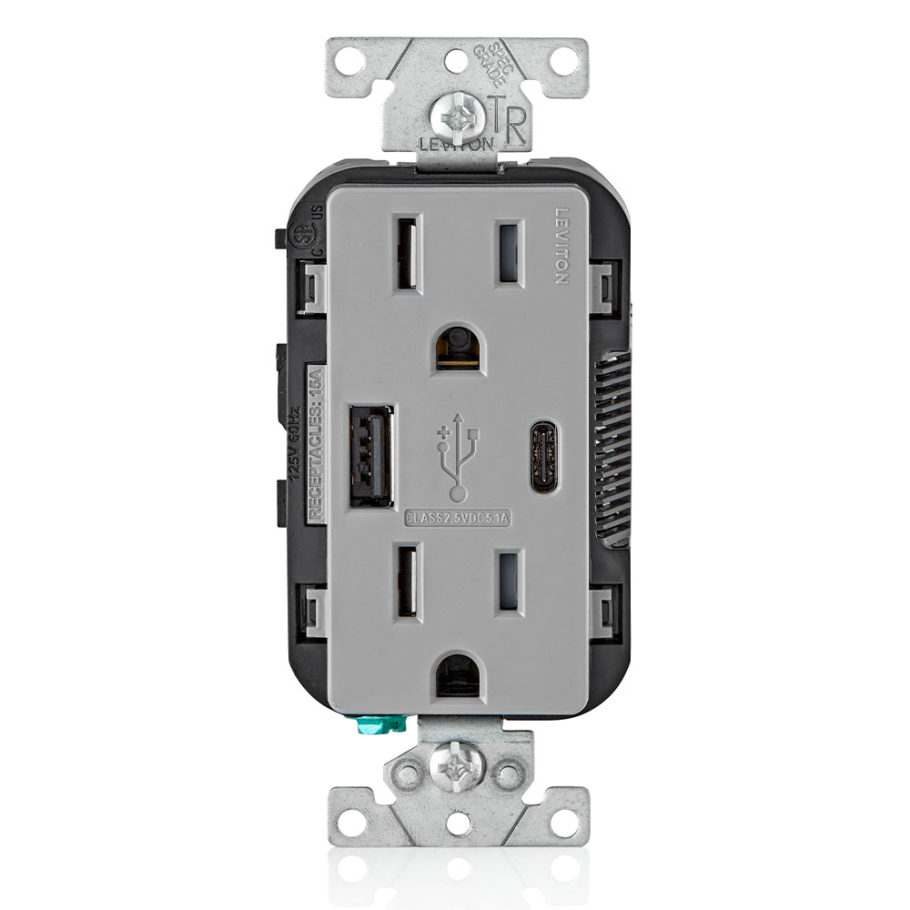 Product image for 5.1A USB Type A/Type-C Wall Outlet Charger with 15A Tamper-Resistant Outlet